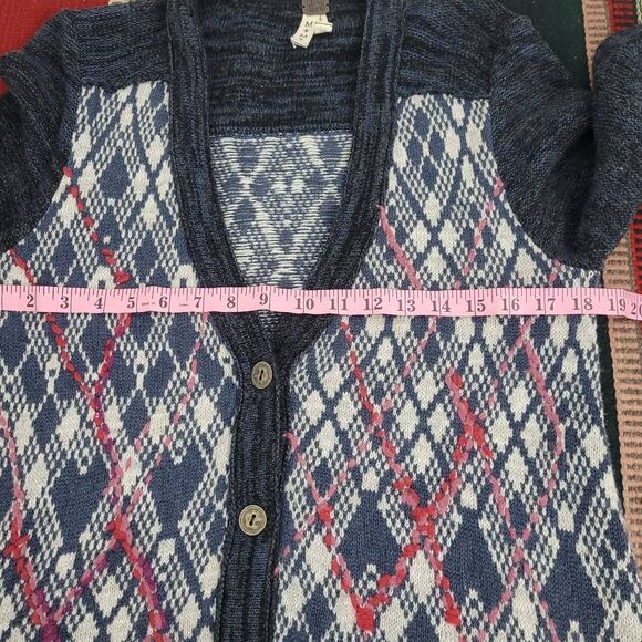 Free People We the Free Foxtrot Argyle Cardigan Sz‎ M Blue Cotton Wool Academia - Picture 6 of 7